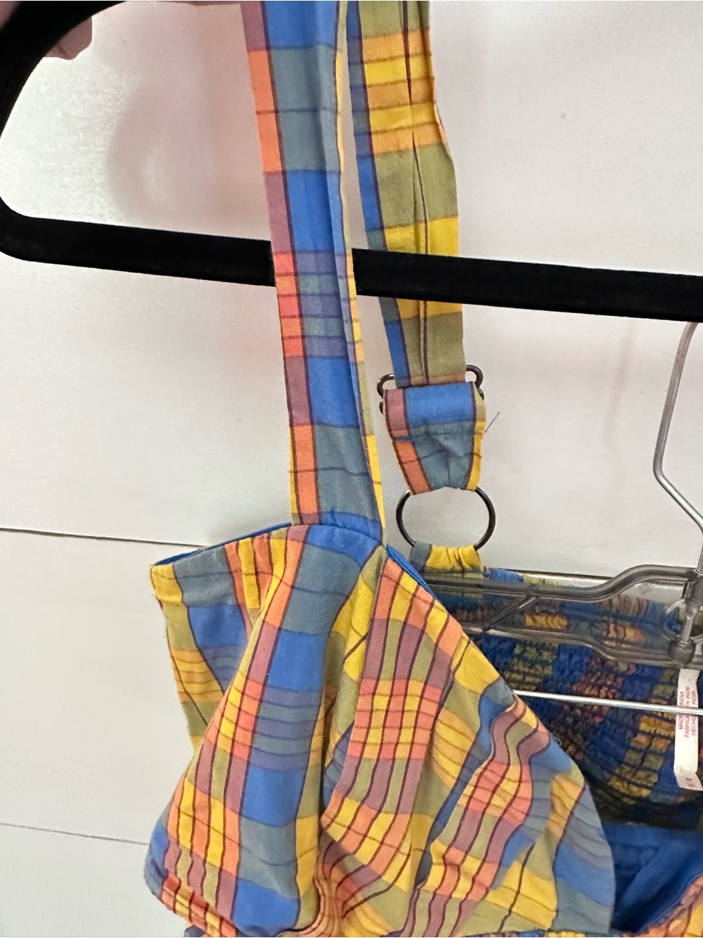 Free People M Bridget yellow-blue plaid open halter 100% cotton back mini dress - Picture 4 of 13
